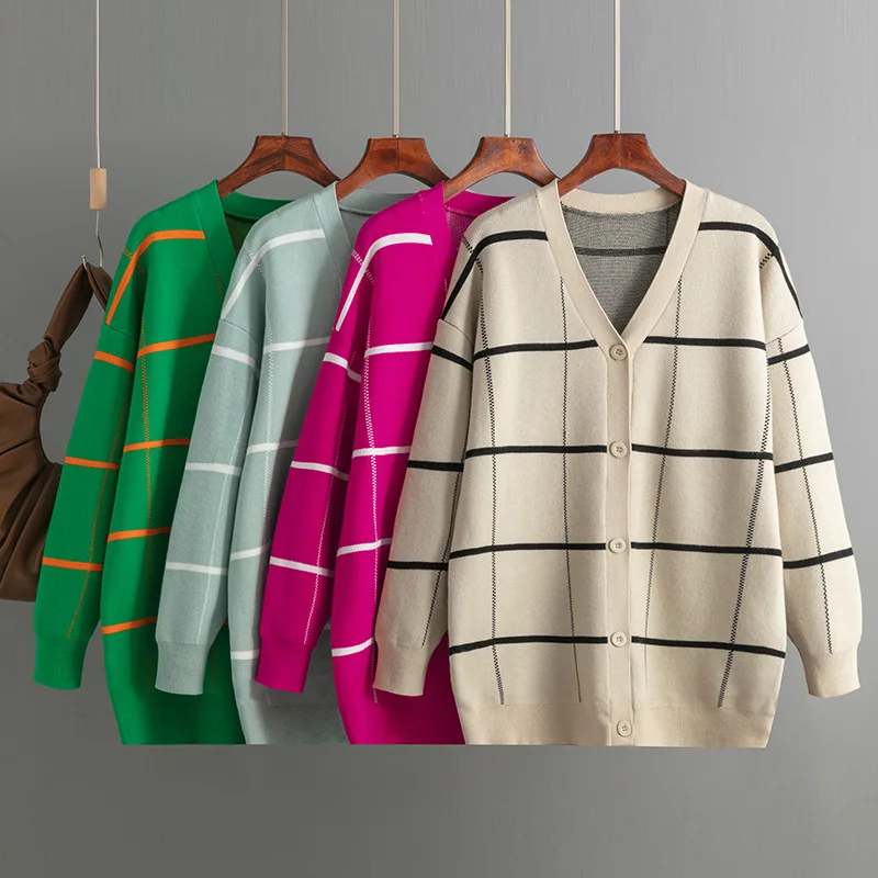 

Sweaters for Women 2023 Autumn Winter New Knitted Sweater Cardigan Plaid Coat Women Simple Loose Long-sleeved Cardigans