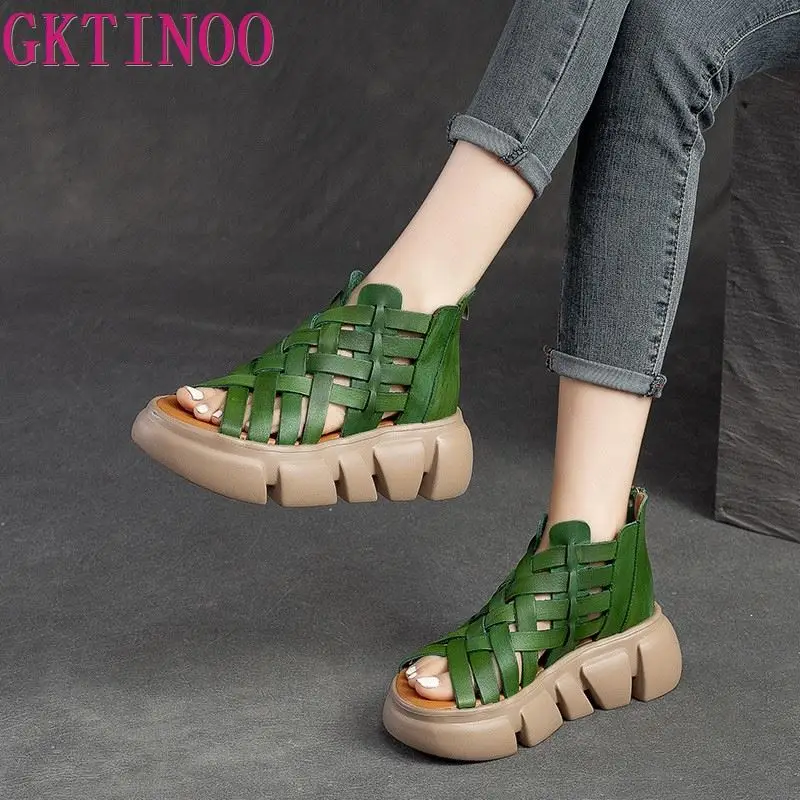 

GKTINOO 2023 Summer Thick Soled Hollow-out Sandals Women 2023 New Genuine Leather Woven Peep Toe Comfortable Platform Shoes