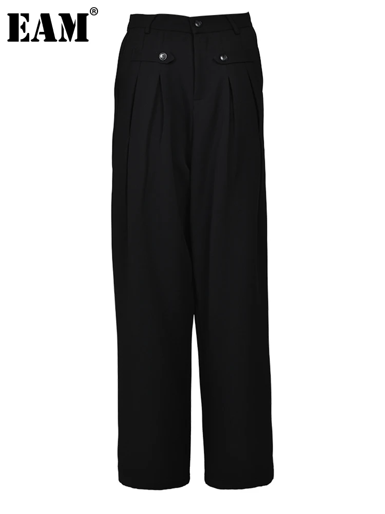 

[EAM] High Waist Black Pleated Casual Long Wide Leg Pants New Loose Fit Trousers Women Fashion Tide Spring Autumn 2023 1DF9791