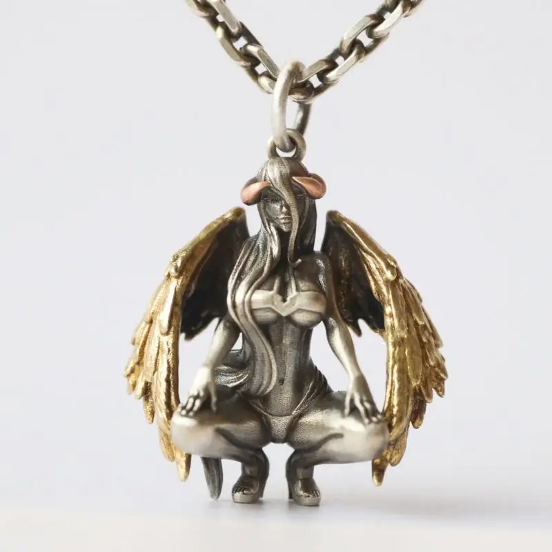 

Men Women's Hip Hop Necklace Devil Angel Wings Pendant Necklace Long Chain Couple Jewelry Silver Color Chain Party Accessories