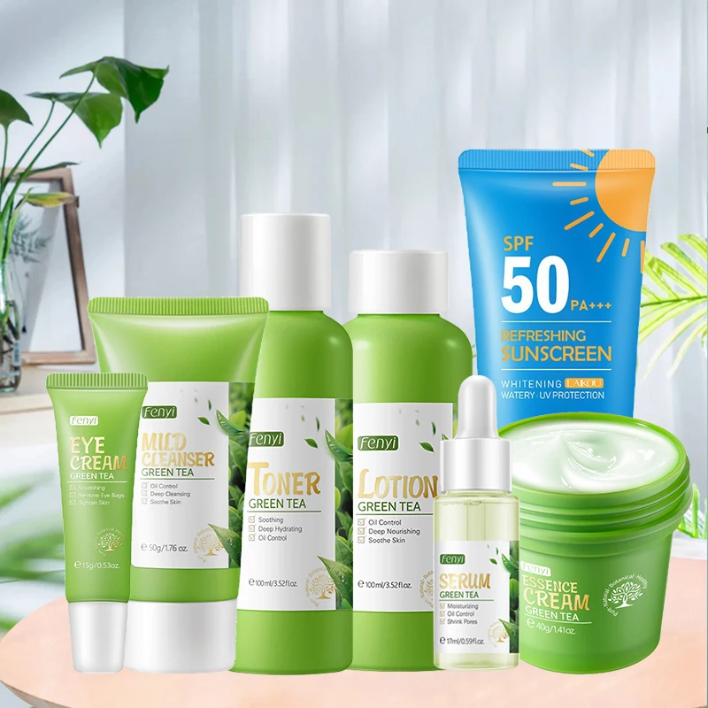 Green Tea Facial Kit Korean Cosmetics Acne Treatment Face Serum Eye Cream Fresh Sunscreen Face Care Nourish Sakura Skin Care Set