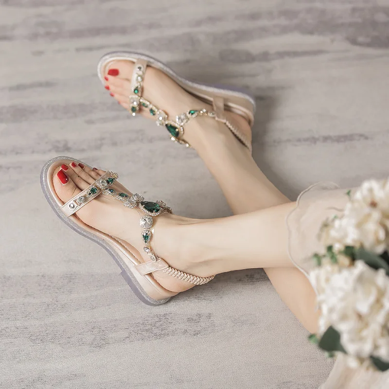 

2022 new summer sandals fairy wind wedge heel rhinestone net red beach tide fashion Roman flat ins women's shoes