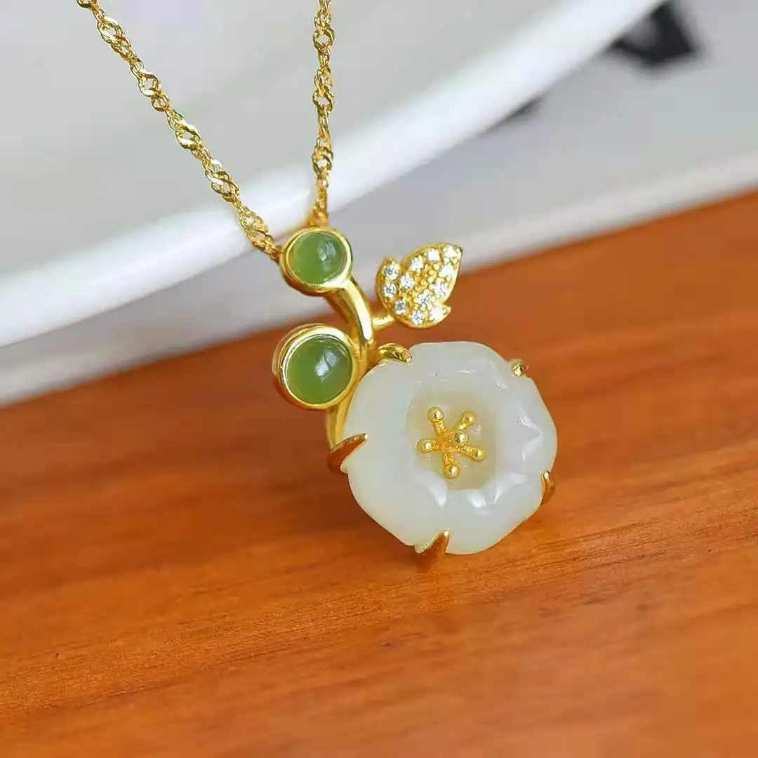 Подвеска из натурального жадеита Хэтянь с цветочным узором из серебра S925 в стиле ретро для культурной шейной цепочки.