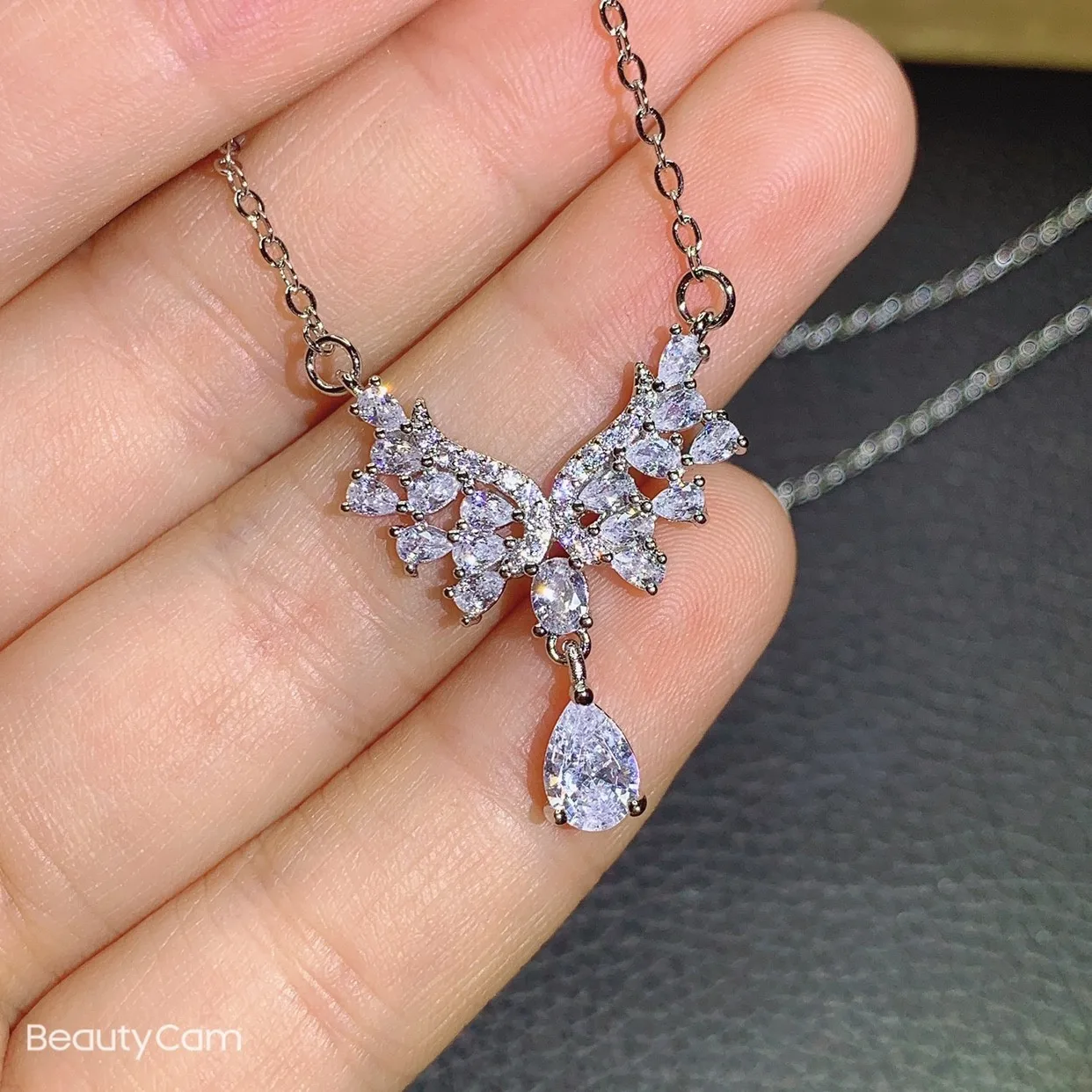 

[Angel Wings Water Drop Necklace] Genuine Moissanite Pendant does not fade sterling silver couple girlfriends fairy jewelry