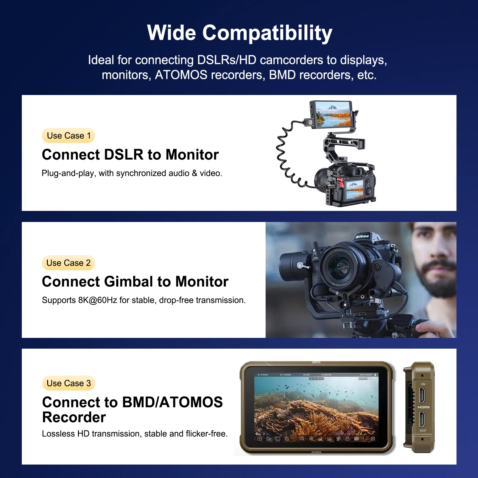 Фото Ультратонкий черный спиральный кабель HDMI 2.1 8K для передачи видео 4K HD для DSLR-камер, беззеркальных камер, стабилизаторов и мониторов Atomos №5