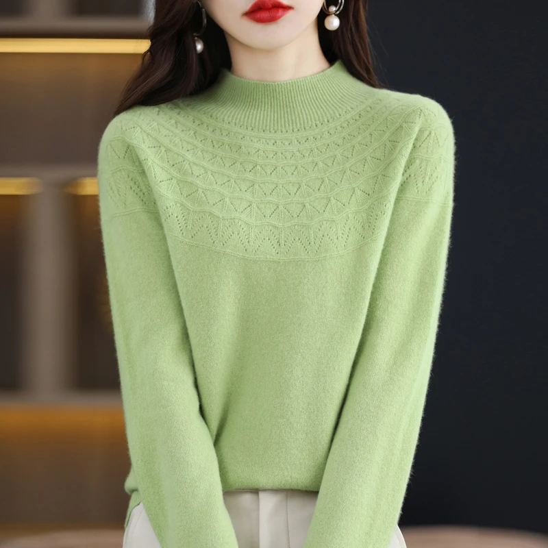 Женский Однотонный Шерстяной Трикотаж Эластичный Пуловер С Воротником-стойкой