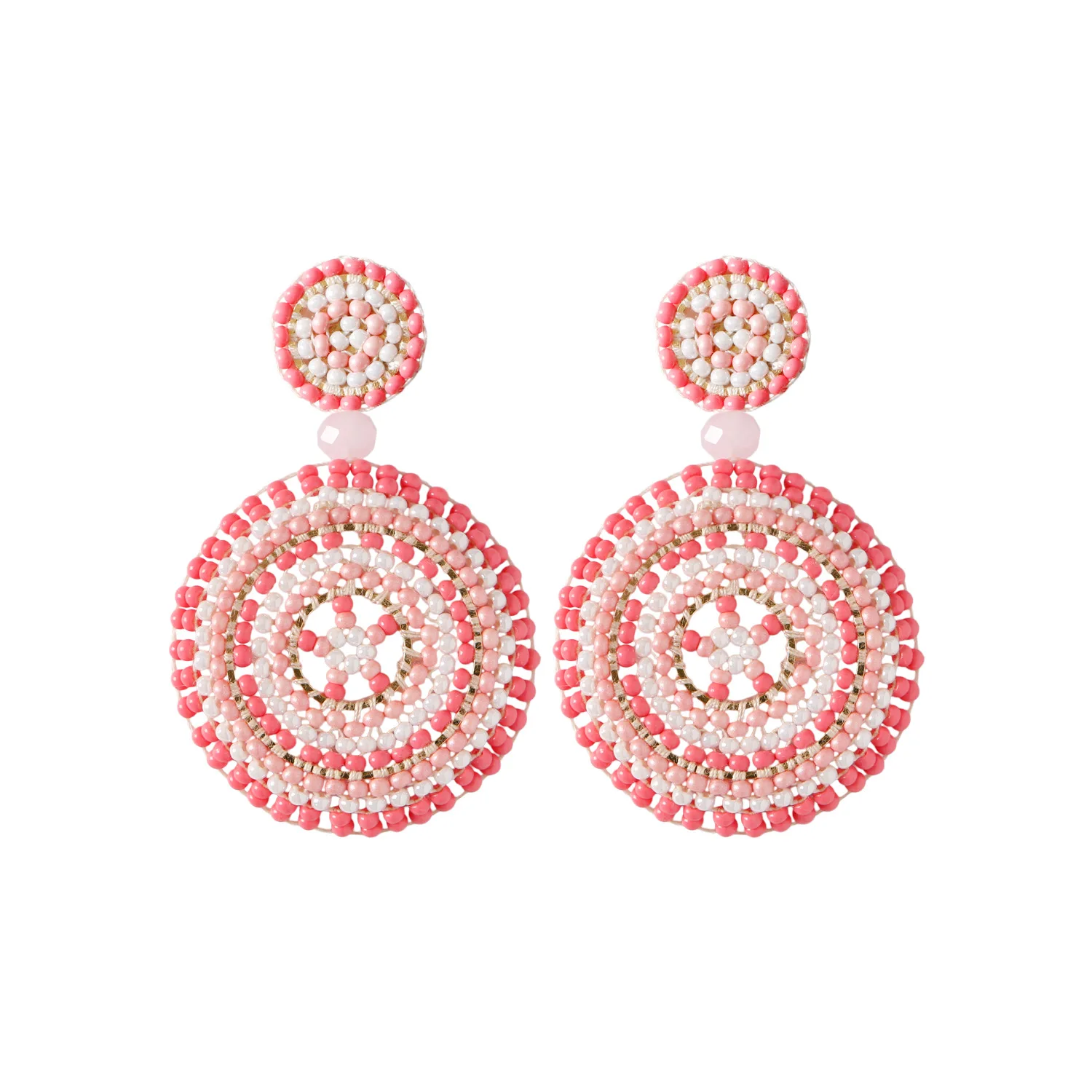 

Handmade Colorful Boho Round Big Earring Set For Grils Hand-woven Rice Bead Sunflower Pattern Tassel Long Earrings