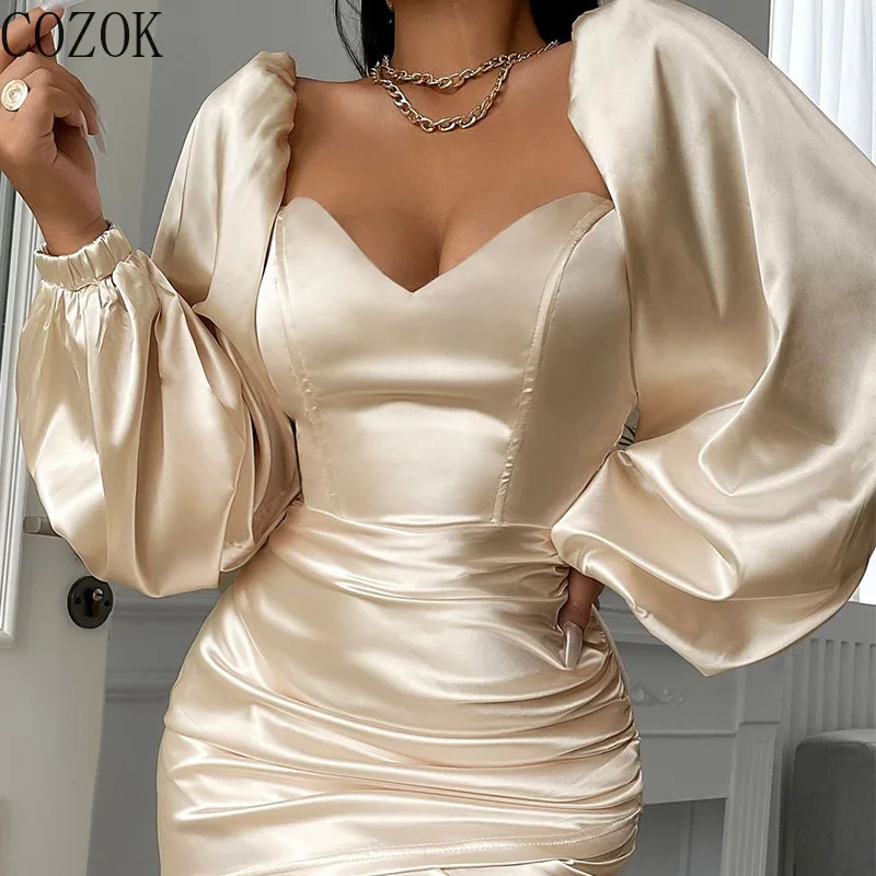 

COZOK 2022 Summer Slim Dress Fashion Cool Long Sleeve Sexy Tight Mini Sheath Dress Evening Dress Sexy Dress