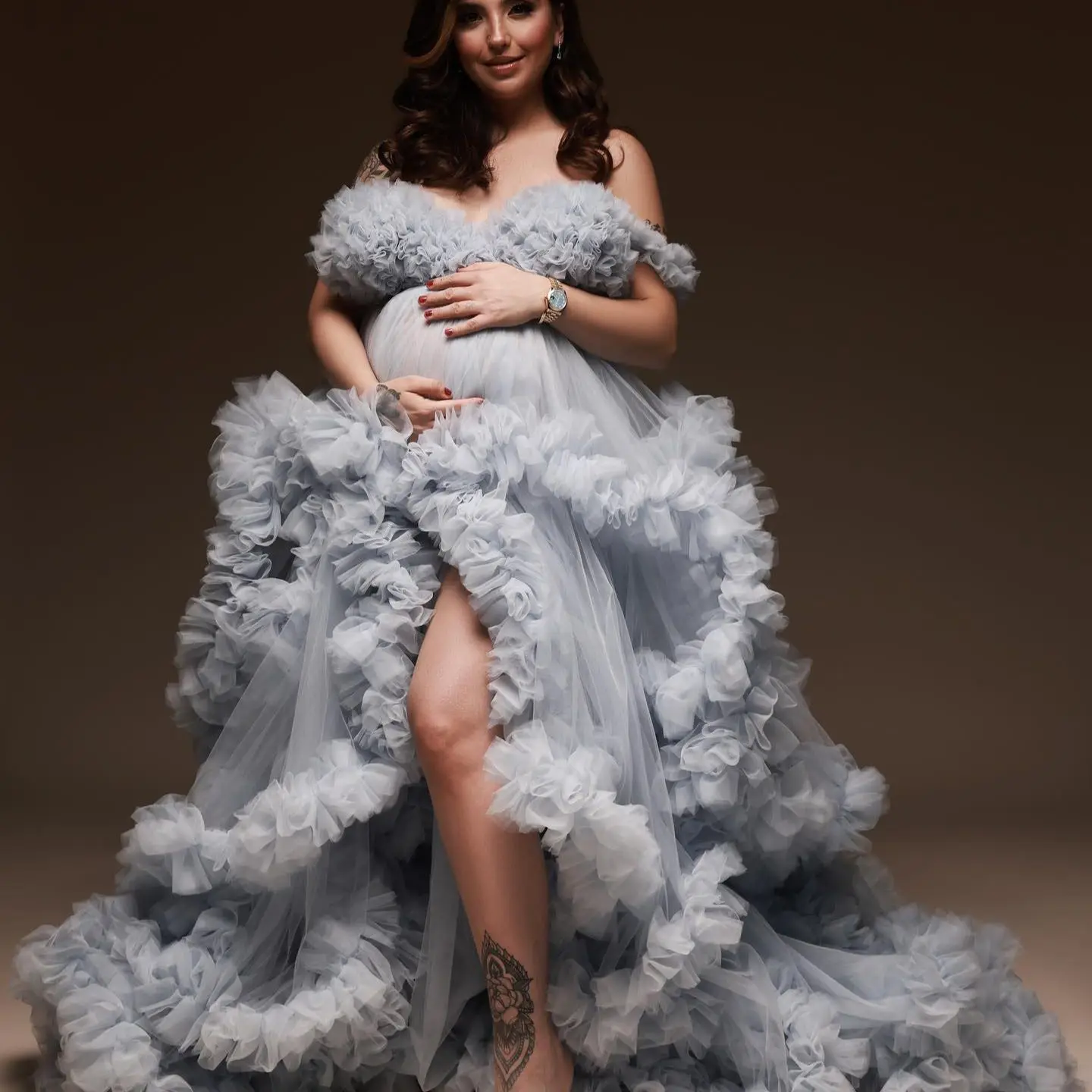 

Light Blue Maternity Photoshoot Dress Exquisite Ruffles Backless Prom Dresses Hand Made Tiered Baby Shower Maxi Gown