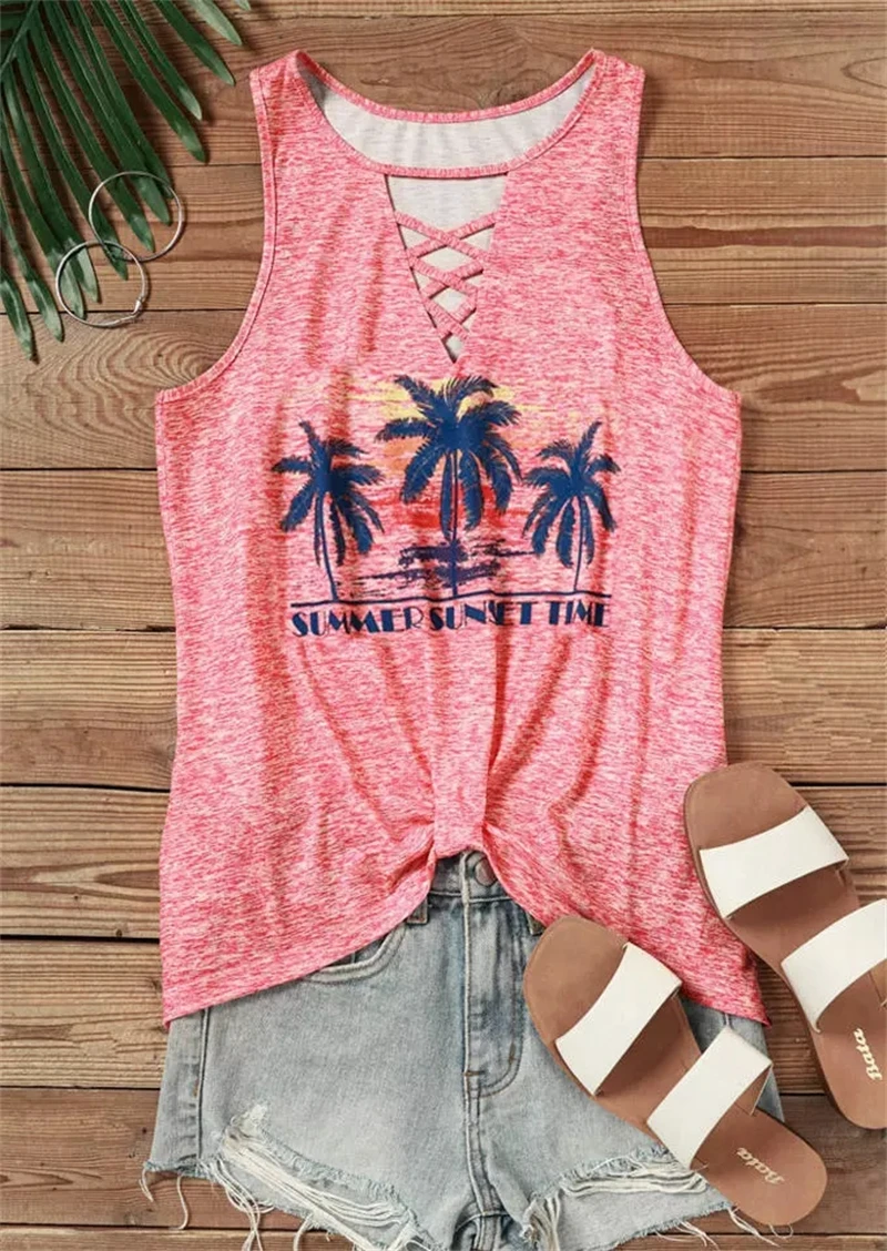 

3D Print Criss-Cross Coconut Tree Twist Tank Tops Women Y2k Streetwear Oversized V-neck Vest Off Shoulder Sleeveless Camisole