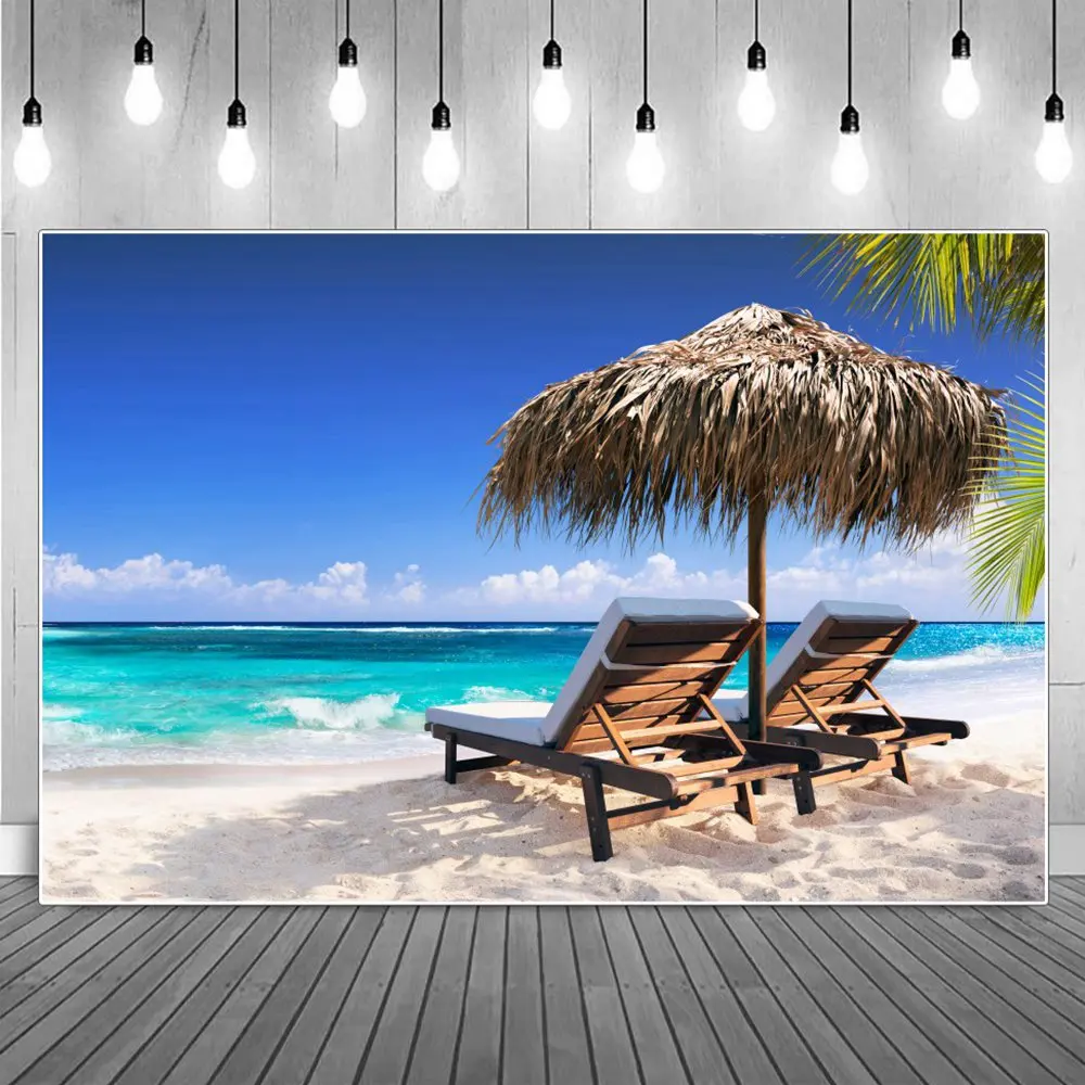 

Straw Beach Umbrella Folding Beds Photography Backgrounds Tropical Seaside Waves Sand Holiday Backdrops Photographic Portrait