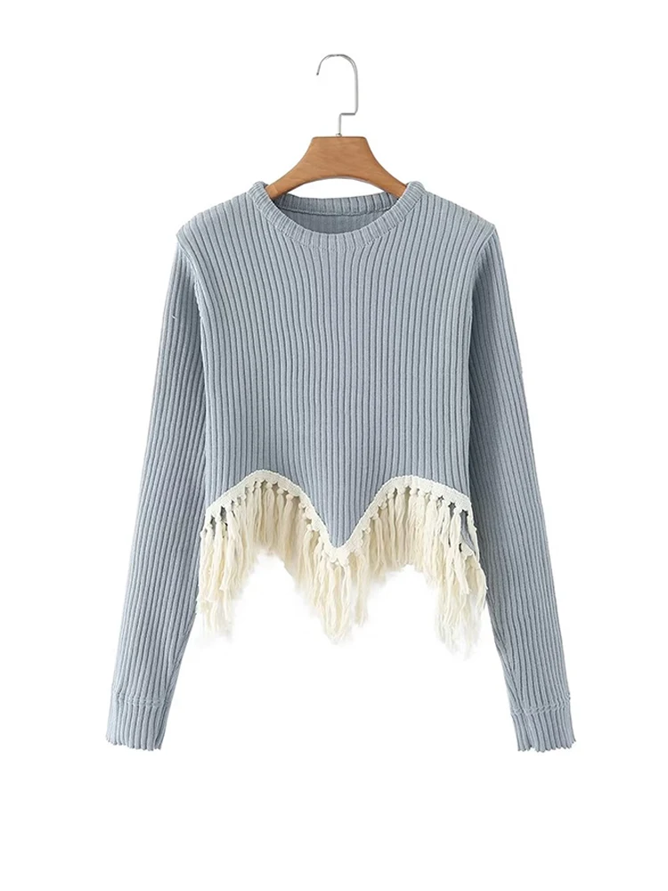 

Женские трикотажные пуловеры с кисточками на подоле, осень-весна, длинный рукав, стрейч, облегающий, 4 цвета, короткие свитера