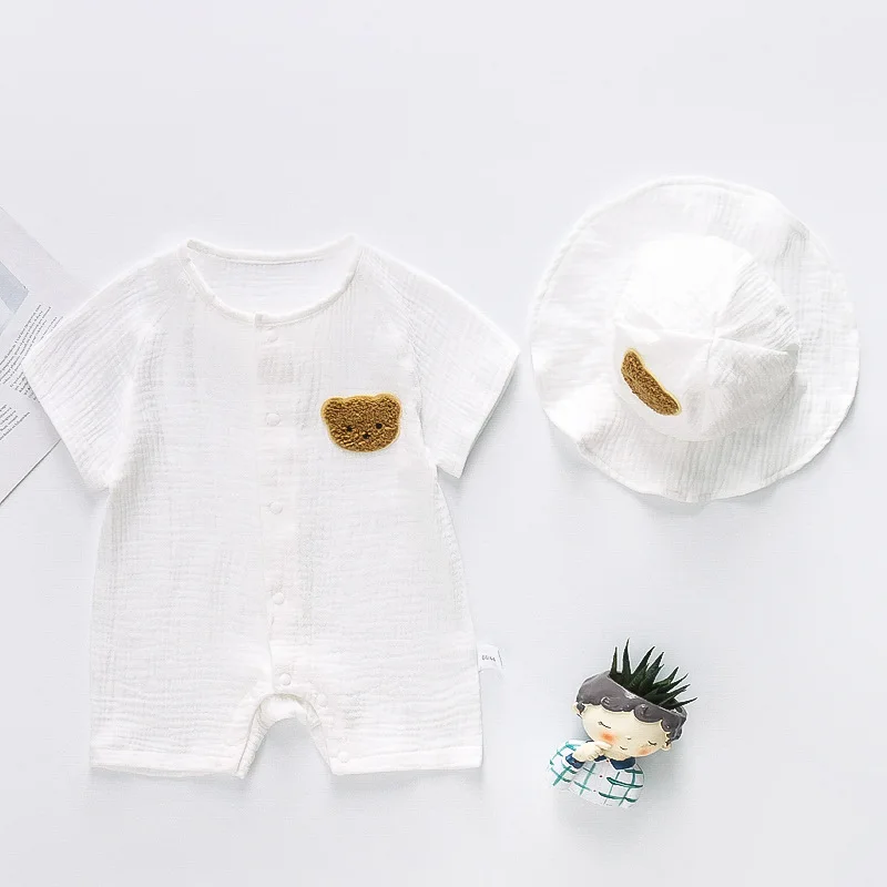 

2022 Summer New Baby Boy Girl Cute Bear Short Sleeve Bodysuit Cotton Breathable Baby Clothes Infant Jumpsuit + Bear Hat