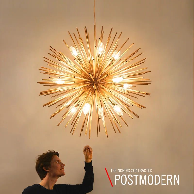 

Nordic Golden Aluminium Tube Spark Ball Chandelier Fireworks Dandelion Led Pendant Light Bedroom Living Room Decor Hanging Lamp