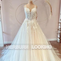 herburnl customized sweetheart backless elegant bride wedding gown 2022 floor length lace applique sleeveless vestidos de novia