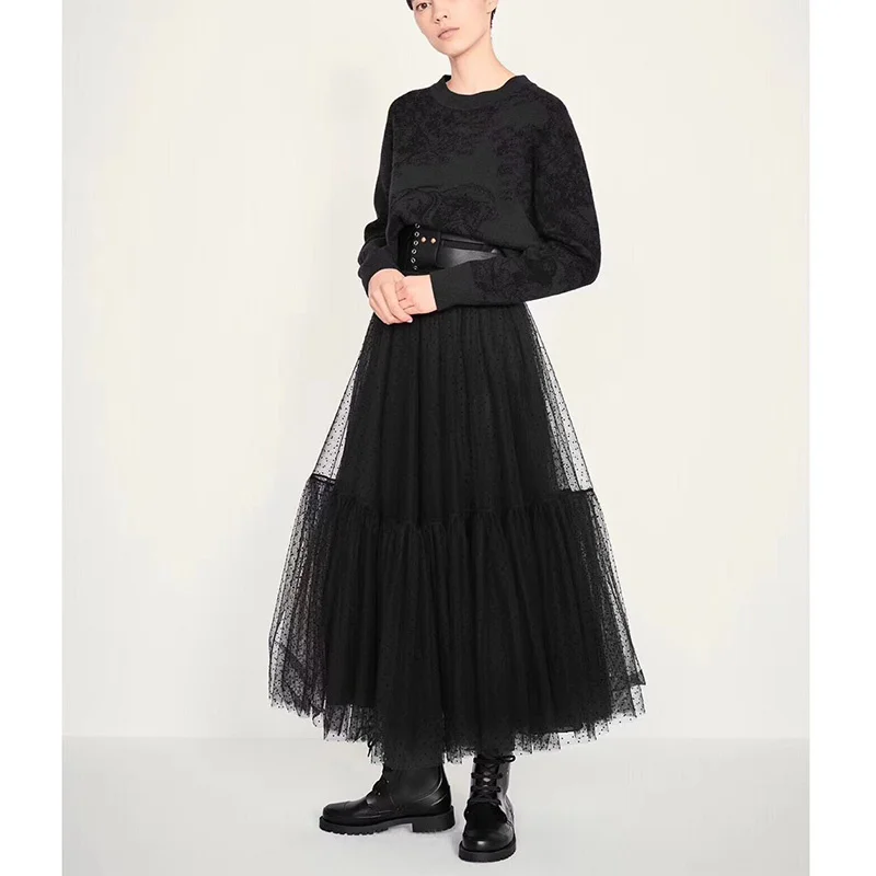 

Cosmicchic 2019 Runway Designer Women Black Long Tulle Skirt High Waist Pleated Polka Dot Maxi Skirt Lolita Saia Jupe Faldas