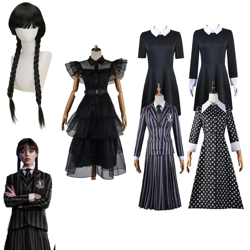 

Movie Wednesday Kids Cosplay Adams Cosplay Costume Gothic Adult Kids Children Black Gauze Dress Carnival Party Costumes