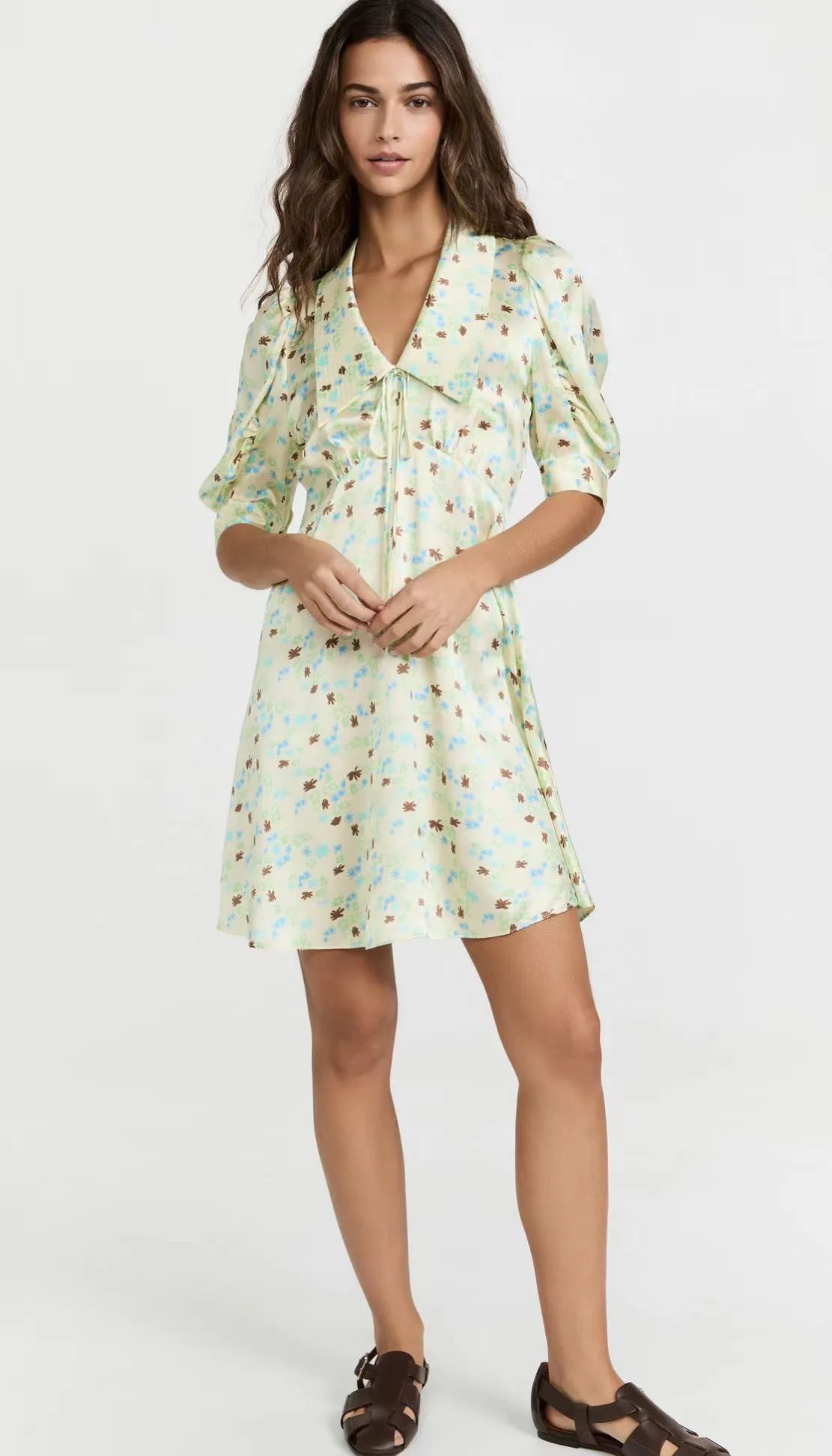 

2023 New Summer Women Floral Large Lapel Bubble Sleeve Sweet Lovely Dress