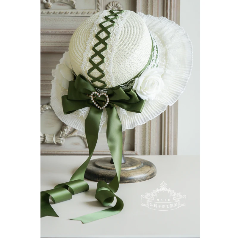 

Original Lolita Basic Straw Hat Garden Sweet Bow Lace Flat Cap Beret Lolita Hat