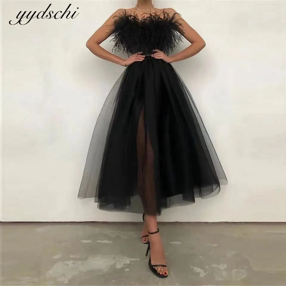 

2022 Black Off The Shoulder Prom Dresses Tulle Feathers Simple Evening Dress Women Formal Party Gown Elegant Robes De Soirée