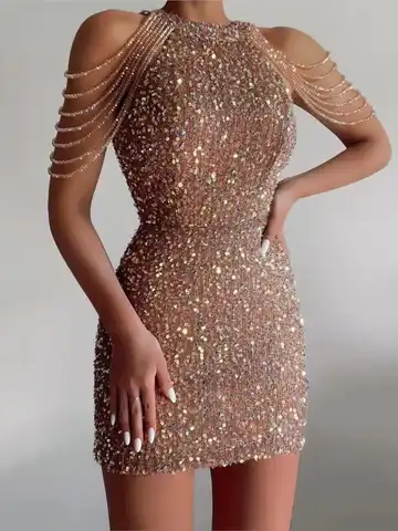 Wedding Y2k Chain Sequin Slim Dress Summer Women Fashion Hollow Out Off Shoulder Club Dresses Ladies Sleeveless Party Casual New