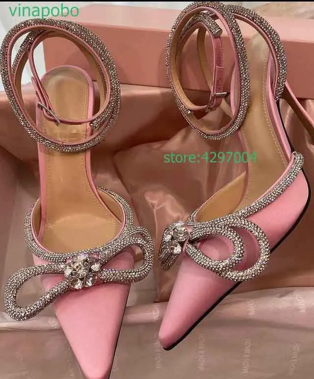 

Luxury Crystal Bowties Party Wedding Mules Slippers for Women Pointy Toe Satin Runway High Heels Sandals Women Summer Shoes 2022