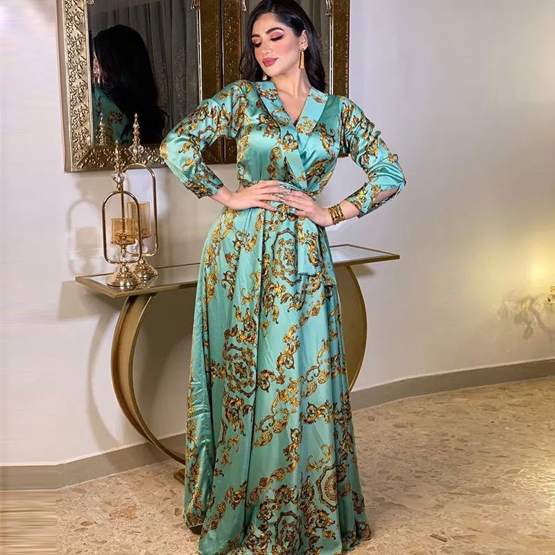 Robe Femme Musulmane Fashion Satin Printed Dress Spring Autumn Middle East Dubai Abaya Turkey Muslim Evening Dresses