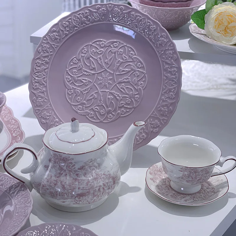 

New Purple Ceramic Tableware Dishes and Plates Sets French Relief Flower Dinnerware Set Ceramic Plate Dinner Set
