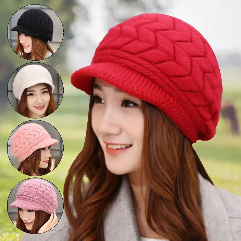 

2022 Women Winter Cotton Warm Thermal Knitted Beret Beanie Cap Crochet Slouch Cap Winter Thickened Peaked Hat for Women Girls