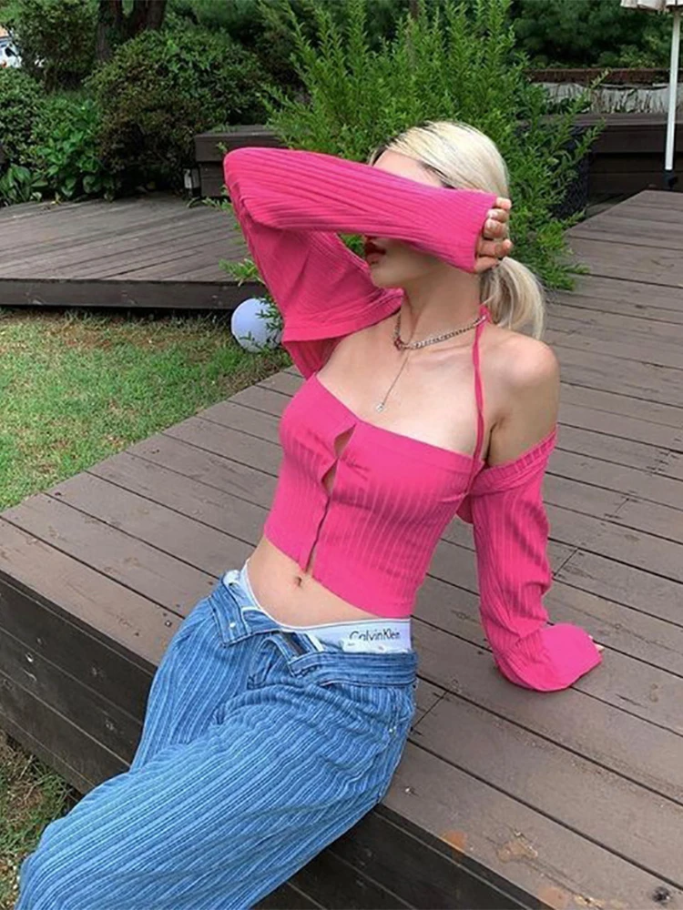 

SEASONS Fashion Pink Ribbed 2 Piece Crop T-shirts Y2K Aesthetics Long Sleeve Covers and Bandage Button Up Halter Tops ASTS85782