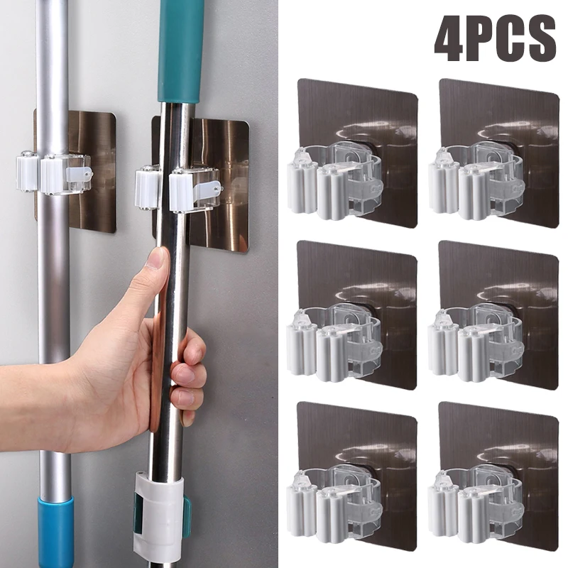 

2/4pcs Multi-Purpose Adhesive Hooks Wall Mounted Mop Holder Hook Bathroom Storage Rack Broom Brush Hanger Kitchen Organizer Tool