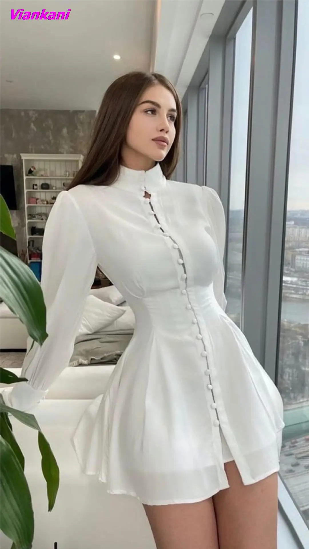 

Women White Shirt Dress Fashion Button Sexy O-Neck Mini Dress Elegant Office Ladies Party Dresses Long Sleeve Slim Vestidos