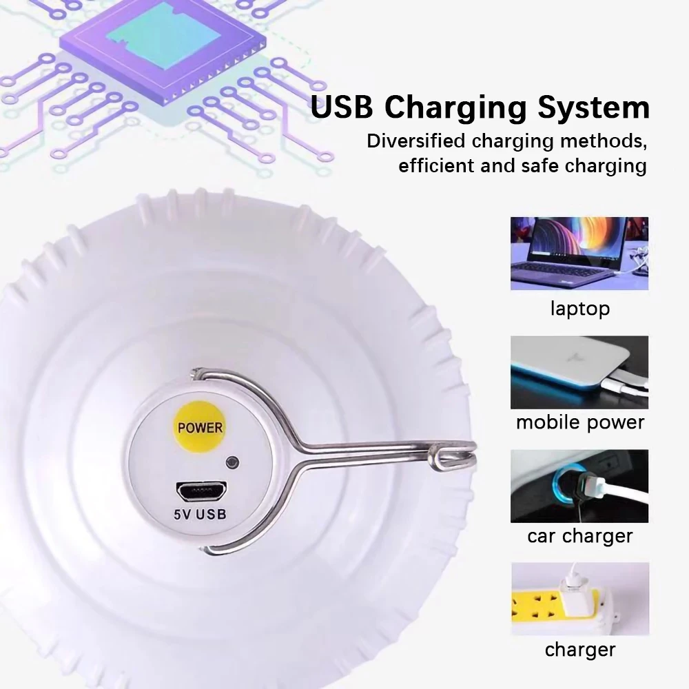 Портативная светильник-лампа для кемпинга с встроенной подвеской и возможностью перезарядки на открытом воздухе.