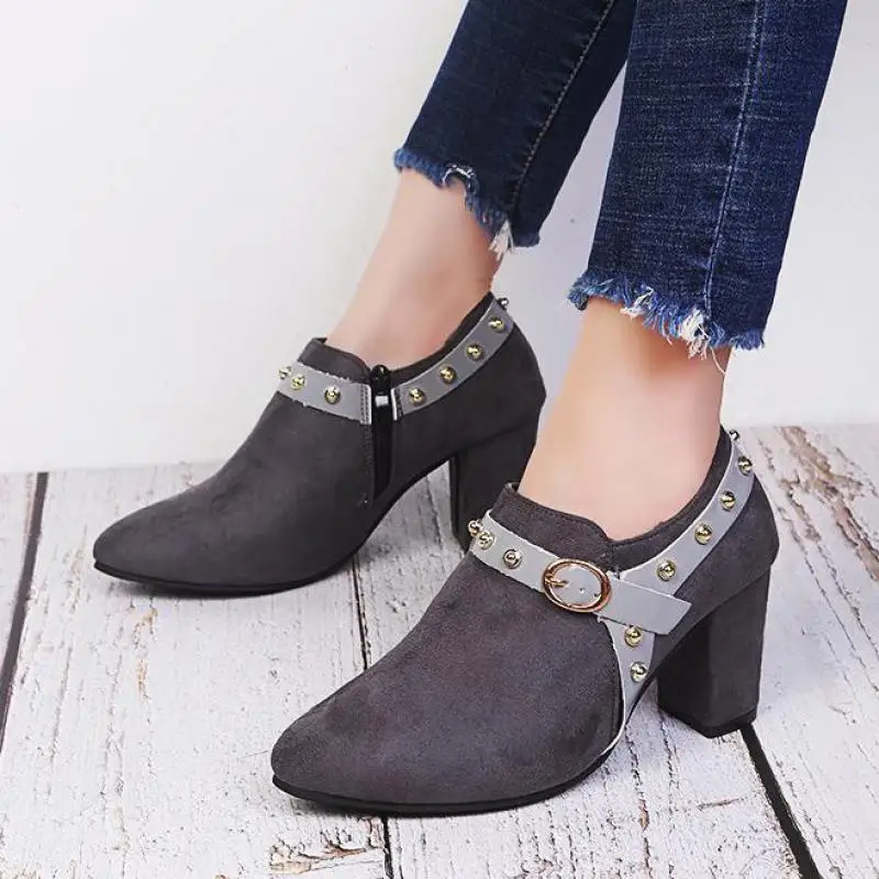 Thick High Heels Ladies Leather Shoes Ankle Pumps Round Toe Shoes Sandals Fashion Women Autumn Black Leather Shoes Plus Size 43