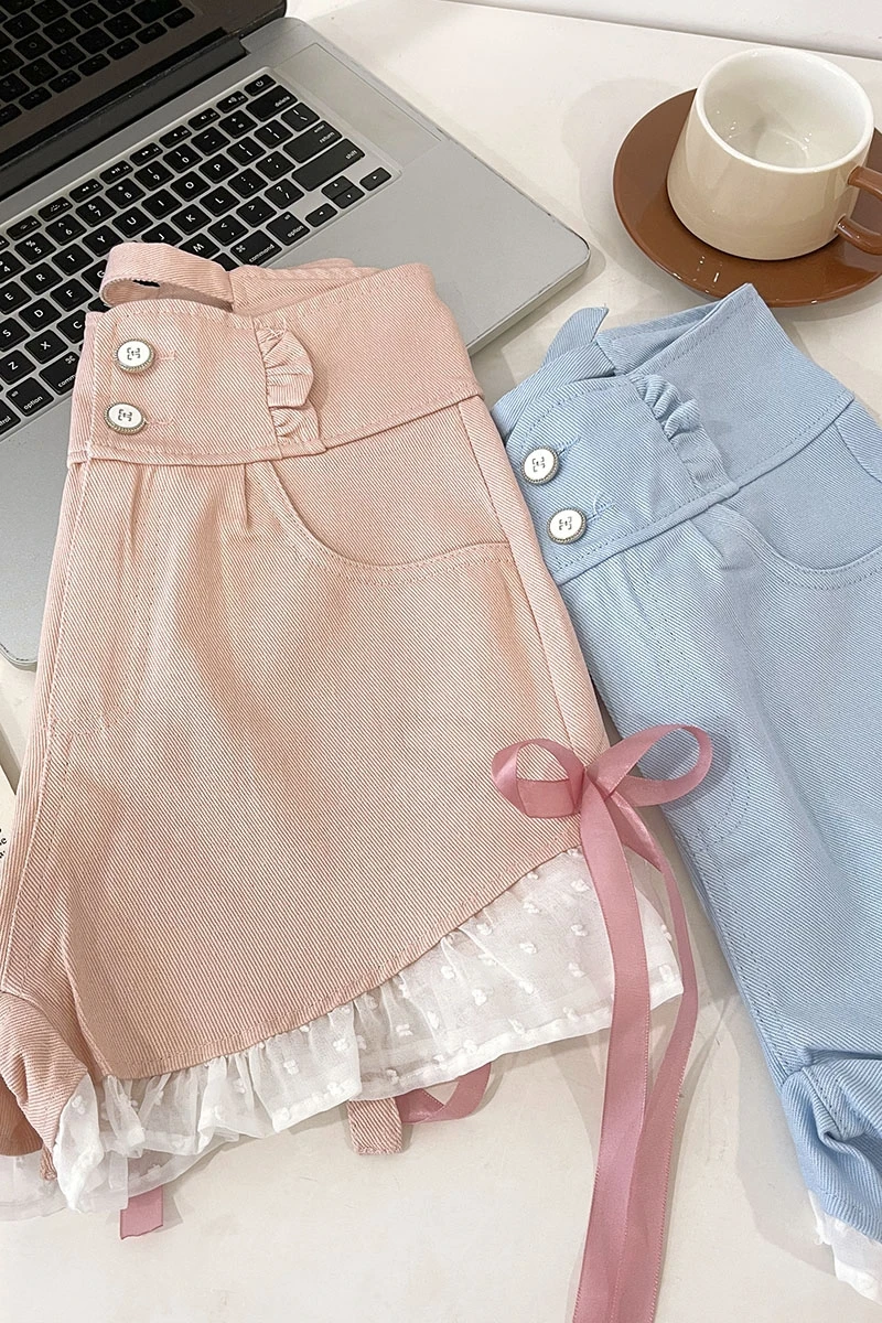 2023 New Summer Sweet Bow Stitching Women's Casual Shorts Pants Contrast Color A- Line High Waist Slimming Pink Denim Shorts