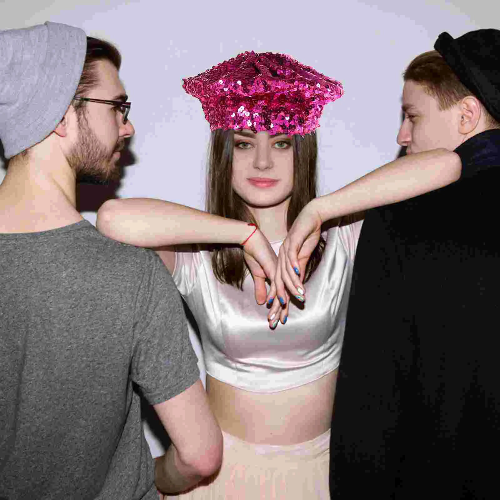 

French Beret Hat Sequin Beret Hat Rosy Fashion Shining Beanie Cap Sparkle Beanie Hat Polyester Artist Hat Fashion Beret for