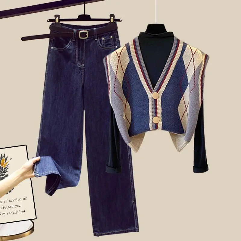 

Women's Clothing Spring Autumn Single/Outfits New Fashion Vintage Stripe Knitted Vest Top Slim High Waist Jeans Three Piece Set