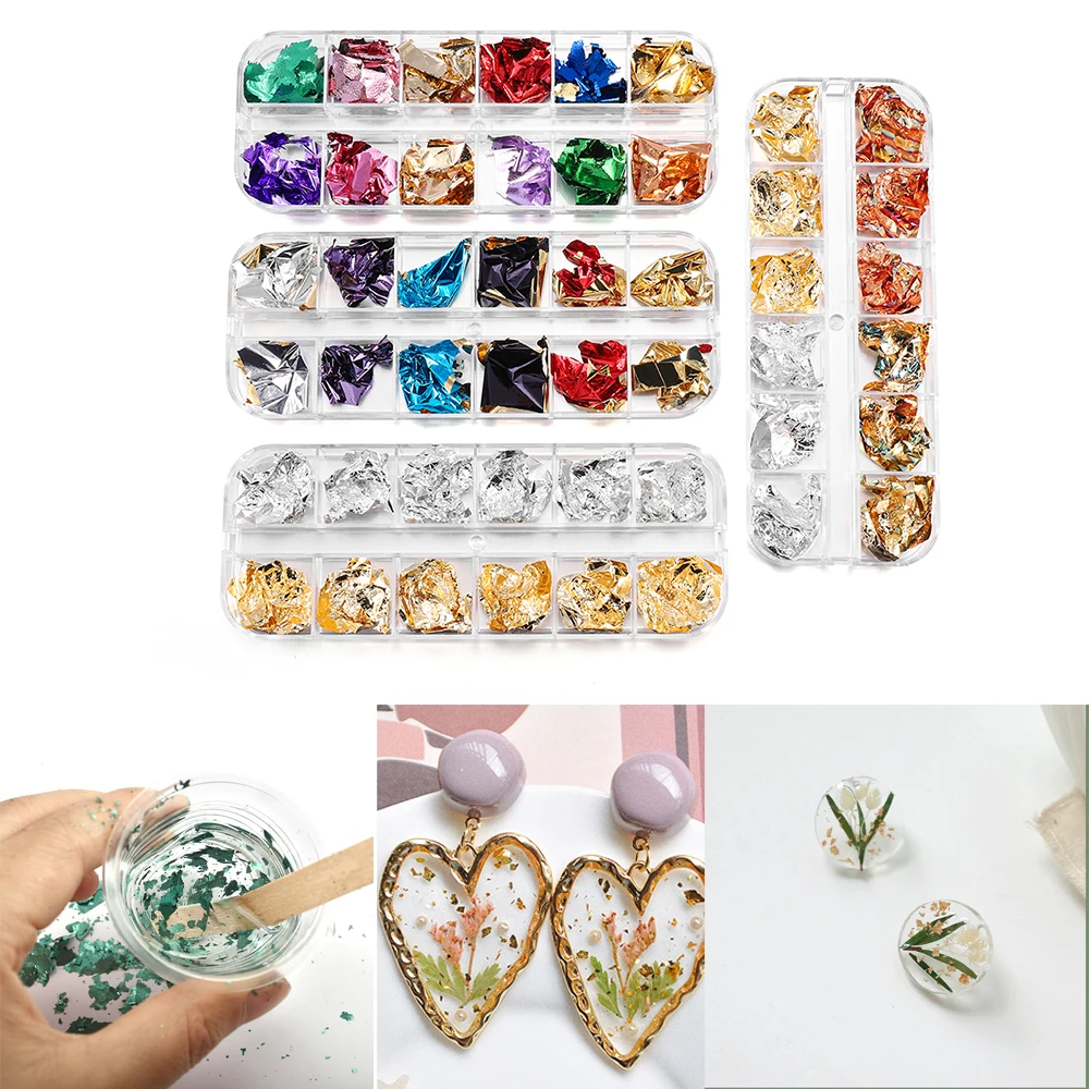 

12 ячеек декоративные золотые листовые хлопья золотые серебряные конфетти для творчества материалы для ногтевого дизайна декоративные зер...