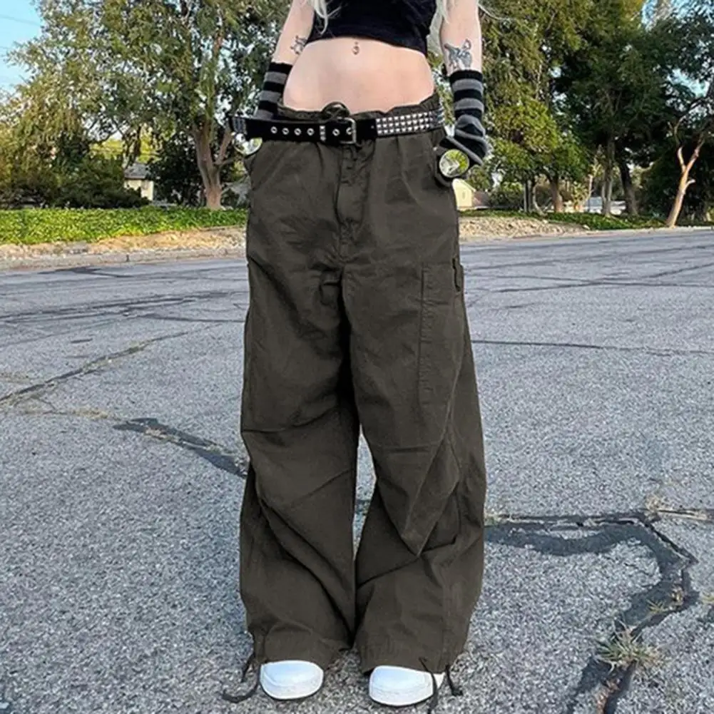 

Streetwear Joggers Baggy Trousers Elastic Waist Drawstring High-Waist Wide Leg Women Cargo Pants Big Pockets Weaving Slacks