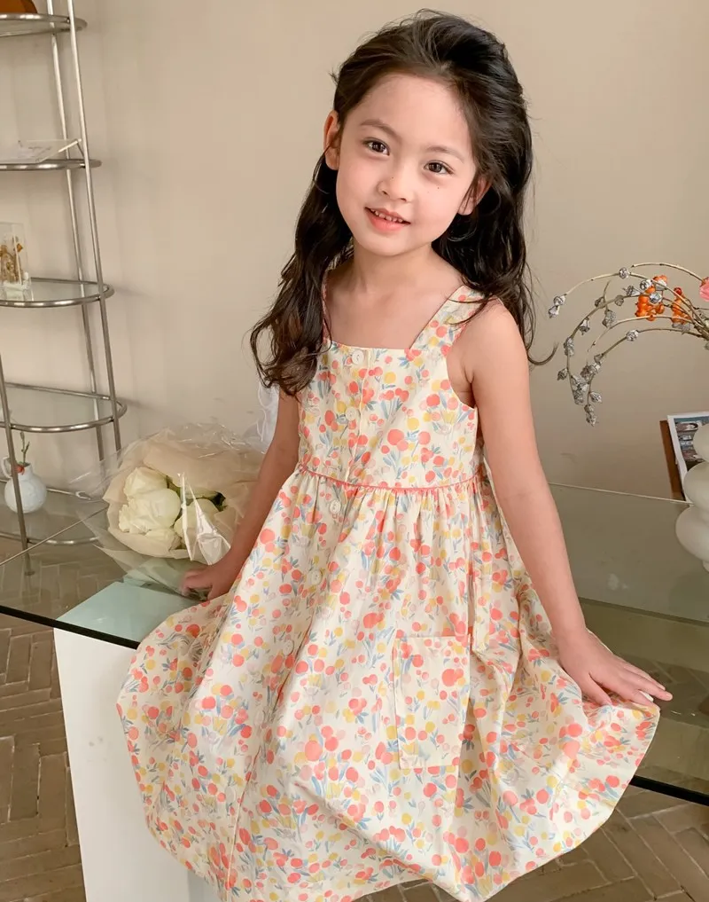 

kids dresses summer baby girls clothes French style cotton sweet Floral Pattern Sleeveless Strap Dress