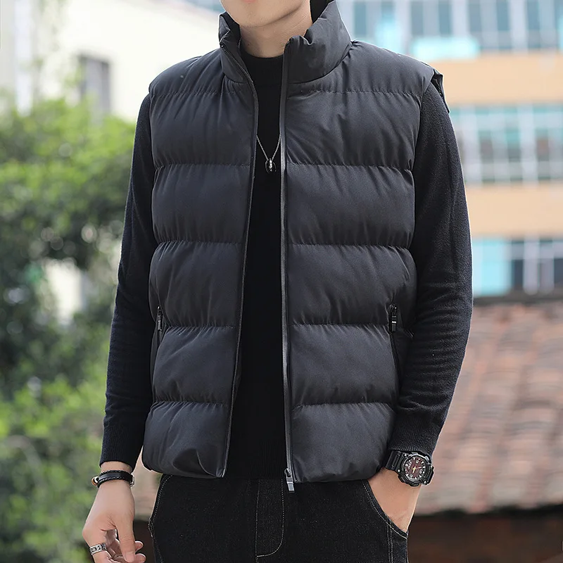 New Men's Down Cotton Vest Autumn Winter Sleeveless Casual Jacket Vest Thickened Warm Zipper Stand Collar Quilted Shoulder Coat