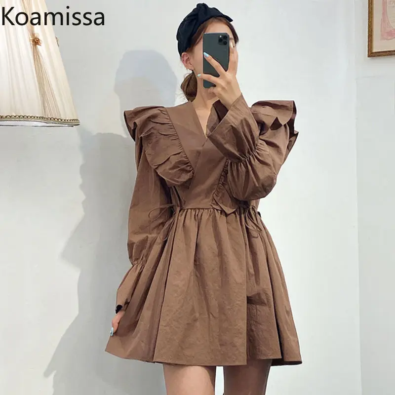 Koamissa Korean Vintage Ruffles V Neck Mini Dress Womens Long Sleeve Slim Waist A-line Dresses Elegant Lace-up Club Party Dress