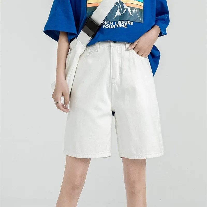 ZHISILAO Solid Knee-length Denim Shorts Women Boyfriend Casual High Waist Wide Leg Shorts Jeans Summer 2022