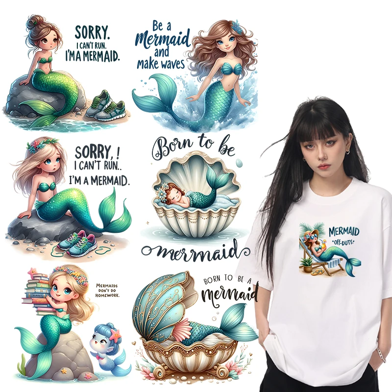 Милая мультяшная Русалка Ocean World dtf переводит нашивки готовые к нажатию для одежды
