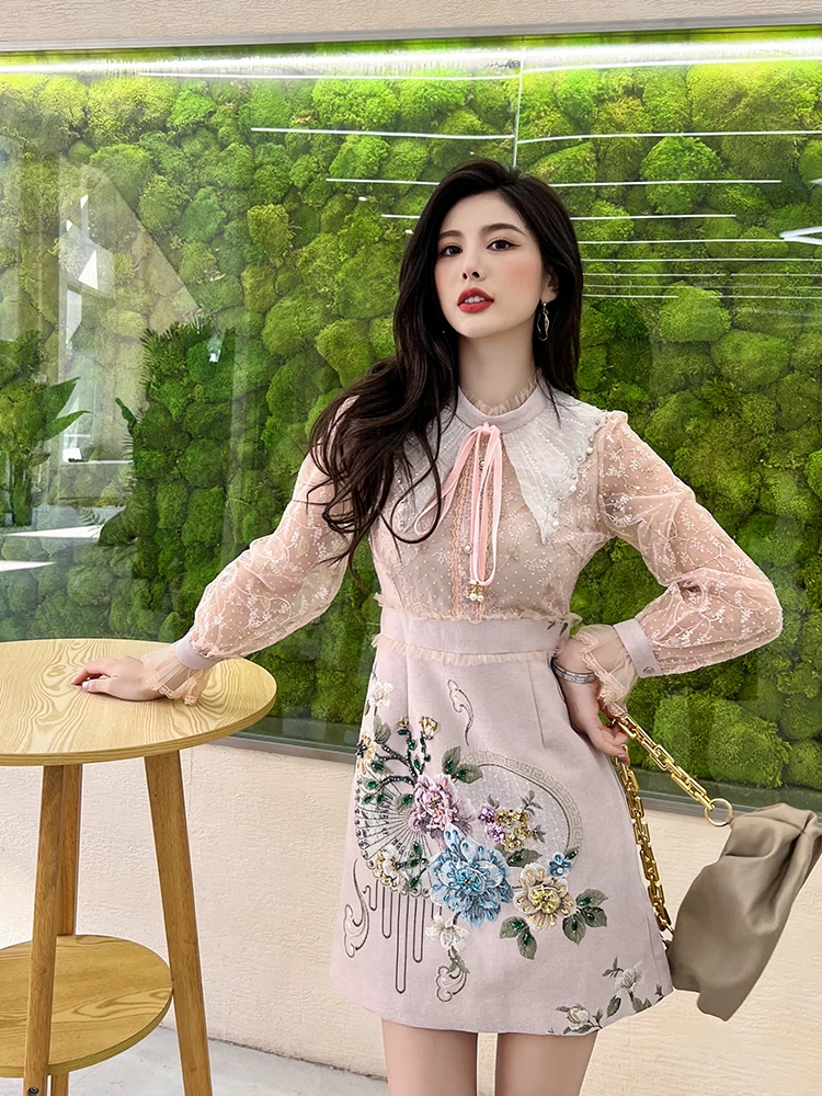

Delocah High Quality Spring Women Fashion Runway Party Mini Dress Flare Sleeve Gorgeous Crystal Beading Elegant Pencil Dresses