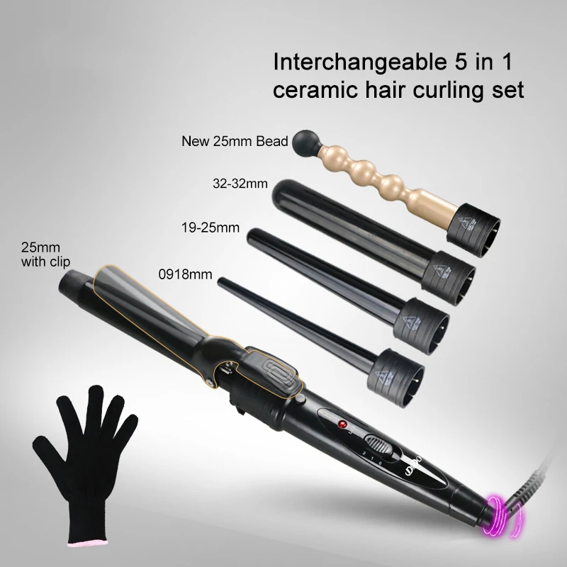 5 In 1 Hair Curlers Care Styling Curling Wand Interchangeable 3 Parts Clip Hair Iron Curler Set Curler Hair Styles Tool