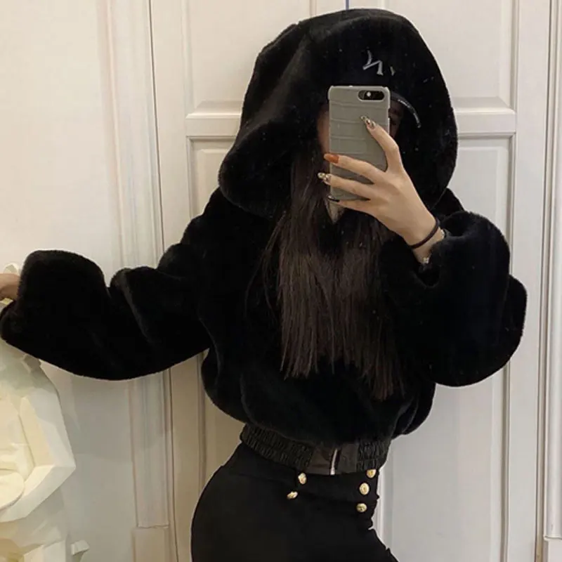 Fashion Black Fur Coat Short Overcoat Harajuku Hooded Tops Zip Up High Waist Women Coats Punk High Streetwear Faux Fur Parkas