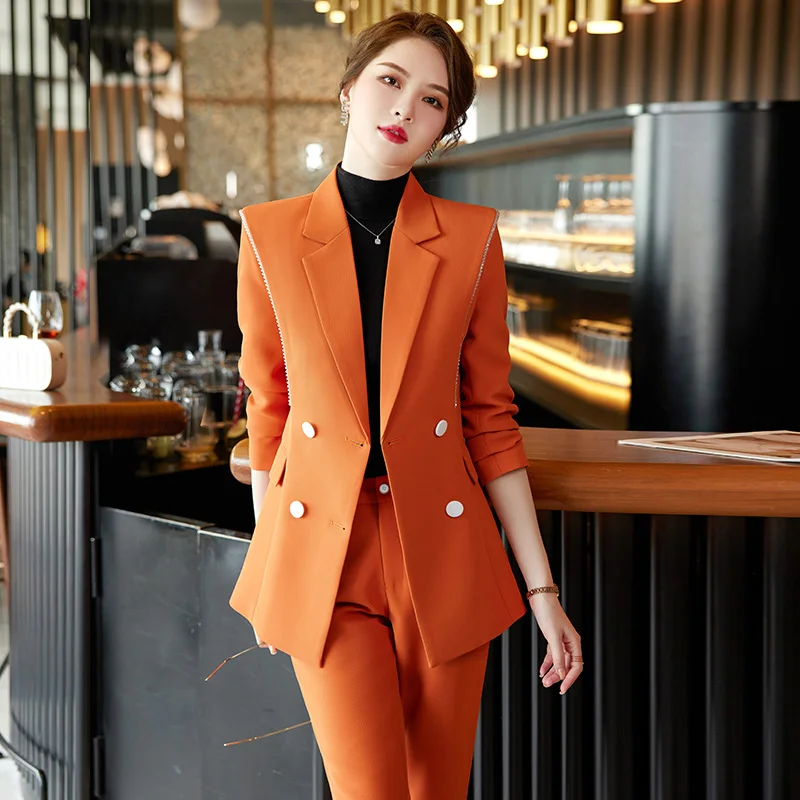 Lenshin 2 Piece Sets Womens Winter Outfits Solid Notch Collar Business Office Ladies Work Wear Orange Blazer and Pant Suit