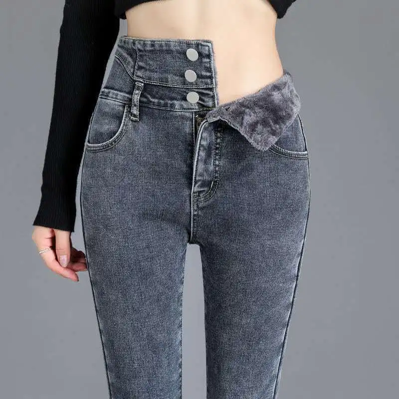 

Winter Thick Velvet Women High Waist Skinny Jeans Simple Fleece Warm Slim Fit Stretch Ladies Casual Denim Mom Pencil Pants