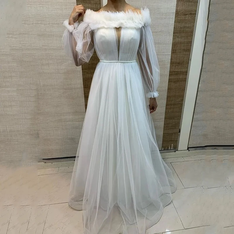 

Elegant White فساتين السهرة Off Shoulder Long Sleeved Prom Dress Strapless A-line Party Dresses Multilayer Vestidos De Noche